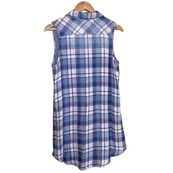 Cloth & Stone Plaid Sleeveless Button Down Collared Mini Shirt Dress Blue Small - Picture 2 of 8